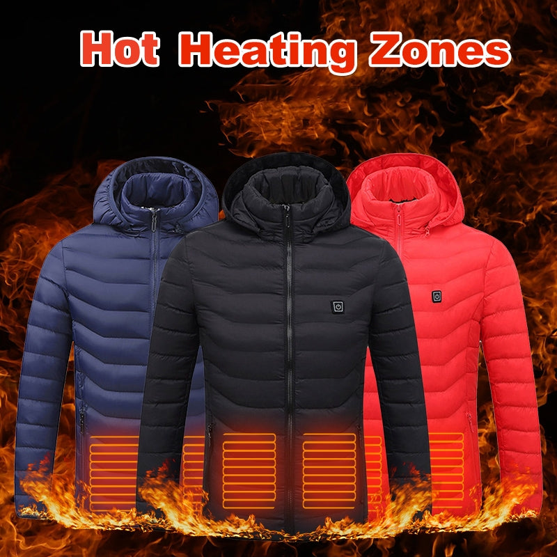 SnapWarm heated jacket in black, navy blue and red with heating zones glowing